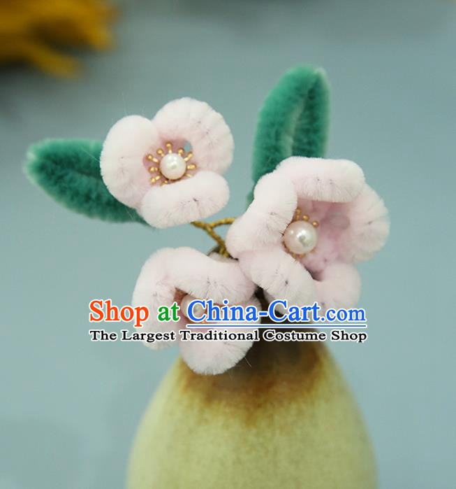 Handmade Chinese Qing Dynasty Pink Velvet Peach Blossom Hairpins Traditional Classical Hair Accessories Ancient Imperial Consort Hair Clip for Women