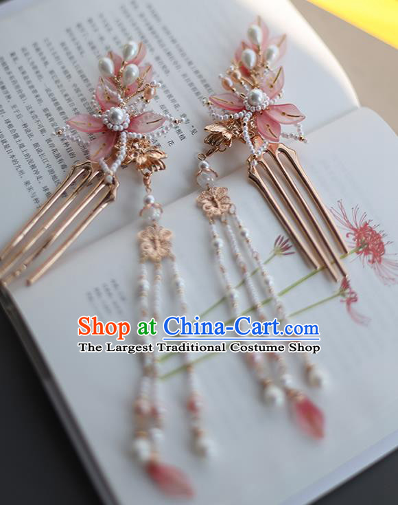 Handmade Chinese Pink Lotus Hair Combs Traditional Classical Hanfu Hair Accessories Ancient Princess Pearls Tassel Hairpins for Women