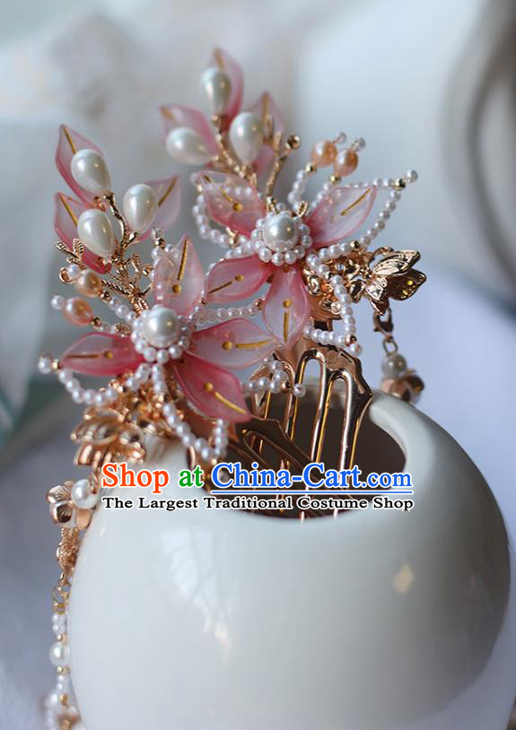 Handmade Chinese Pink Lotus Hair Combs Traditional Classical Hanfu Hair Accessories Ancient Princess Pearls Tassel Hairpins for Women