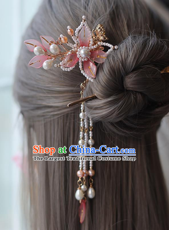 Handmade Chinese Pink Lotus Hair Combs Traditional Classical Hanfu Hair Accessories Ancient Princess Pearls Tassel Hairpins for Women