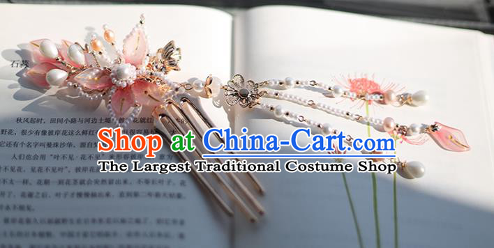 Handmade Chinese Pink Lotus Hair Combs Traditional Classical Hanfu Hair Accessories Ancient Princess Pearls Tassel Hairpins for Women