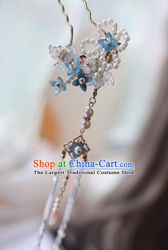 Handmade Chinese Pearls Tassel Hair Clip Traditional Classical Hanfu Hair Accessories Ancient Princess Blue Flowers Hairpins for Women