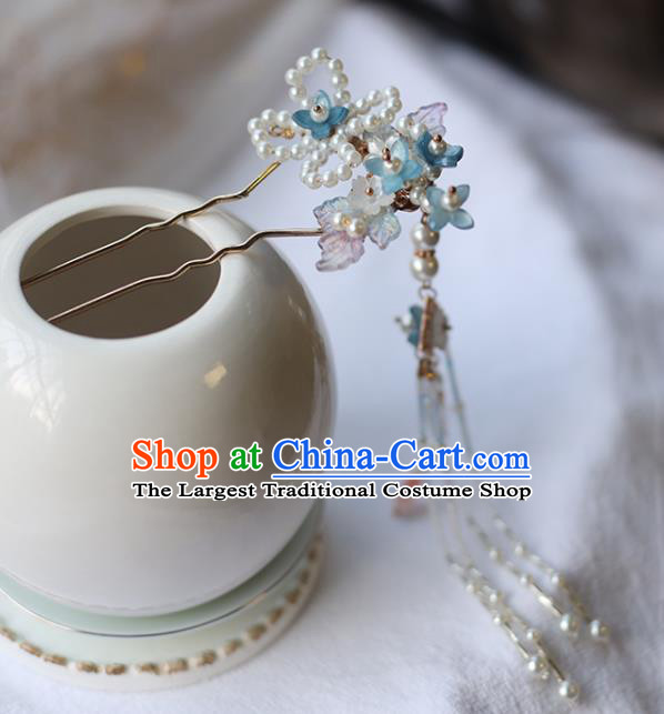 Handmade Chinese Pearls Tassel Hair Clip Traditional Classical Hanfu Hair Accessories Ancient Princess Blue Flowers Hairpins for Women