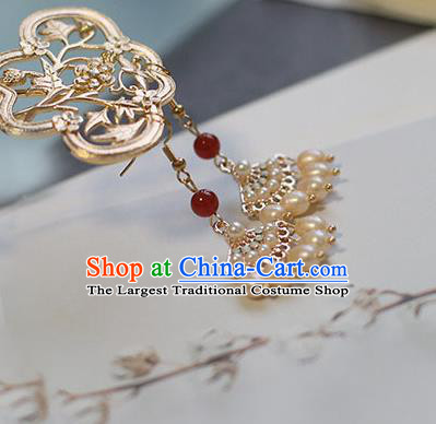 Traditional Chinese Handmade Golden Earrings Ancient Hanfu Court Pearls Tassel Ear Accessories for Women