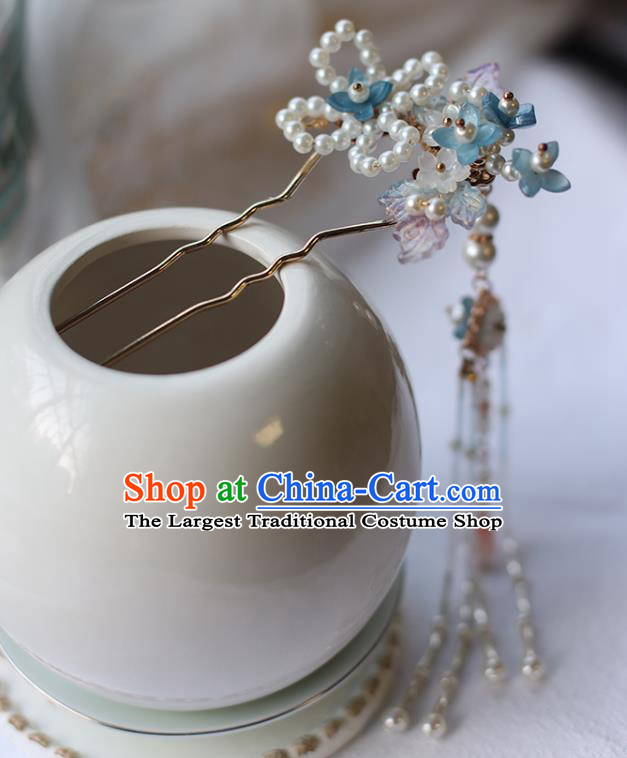 Handmade Chinese Pearls Tassel Hair Clip Traditional Classical Hanfu Hair Accessories Ancient Princess Blue Flowers Hairpins for Women