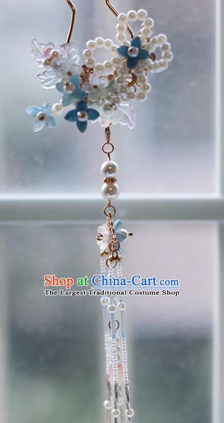 Handmade Chinese Pearls Tassel Hair Clip Traditional Classical Hanfu Hair Accessories Ancient Princess Blue Flowers Hairpins for Women