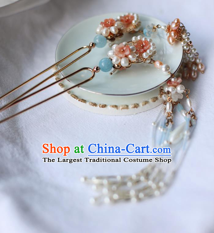 Handmade Chinese Pink Pearls Tassel Hair Clip Traditional Classical Hanfu Hair Accessories Ancient Song Dynasty Hairpins for Women