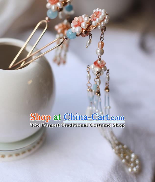 Handmade Chinese Pink Pearls Tassel Hair Clip Traditional Classical Hanfu Hair Accessories Ancient Song Dynasty Hairpins for Women