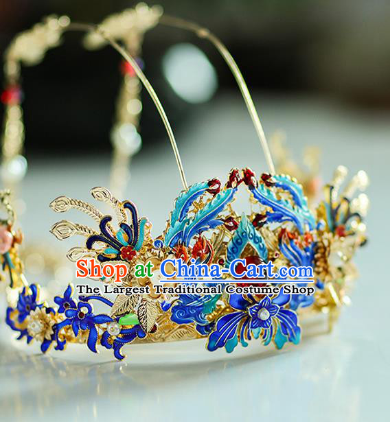 Chinese Classical Ming Dynasty Blueing Hair Crown Traditional Hanfu Hair Accessories Handmade Tassel Phoenix Coronet for Women