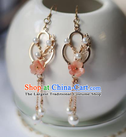 Traditional Chinese Handmade Pink Plum Earrings Ancient Hanfu Tassel Ear Accessories for Women
