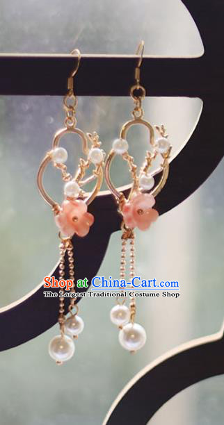 Traditional Chinese Handmade Pink Plum Earrings Ancient Hanfu Tassel Ear Accessories for Women