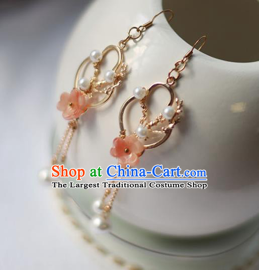 Traditional Chinese Handmade Pink Plum Earrings Ancient Hanfu Tassel Ear Accessories for Women
