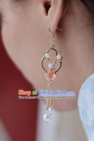 Traditional Chinese Handmade Pink Plum Earrings Ancient Hanfu Tassel Ear Accessories for Women