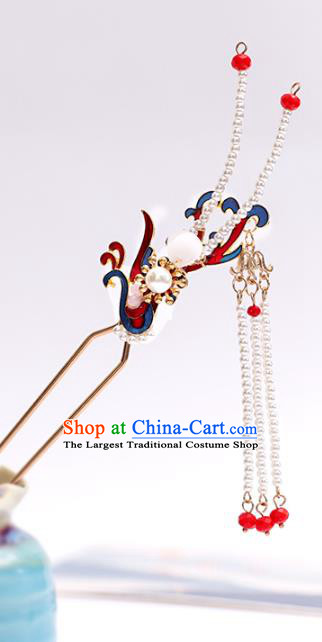 Handmade Chinese Classical Blueing Phoenix Hairpins Traditional Hair Accessories Ancient Qing Dynasty Pearls Tassel Hair Clip for Women