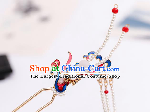 Handmade Chinese Classical Blueing Phoenix Hairpins Traditional Hair Accessories Ancient Qing Dynasty Pearls Tassel Hair Clip for Women