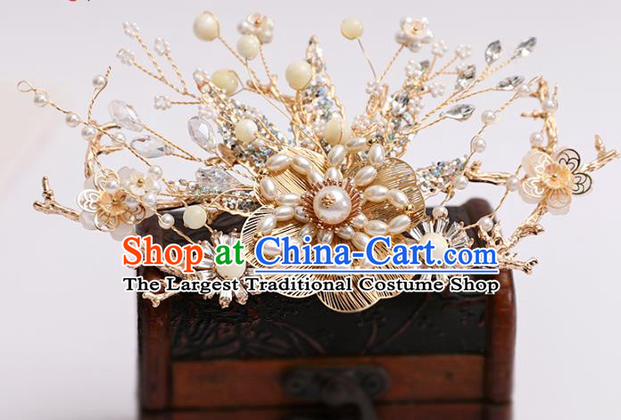 Chinese Classical Wedding Pearls Hair Crown Traditional Hanfu Hair Accessories Handmade Bride Tassel Golden Hairpins Complete Set