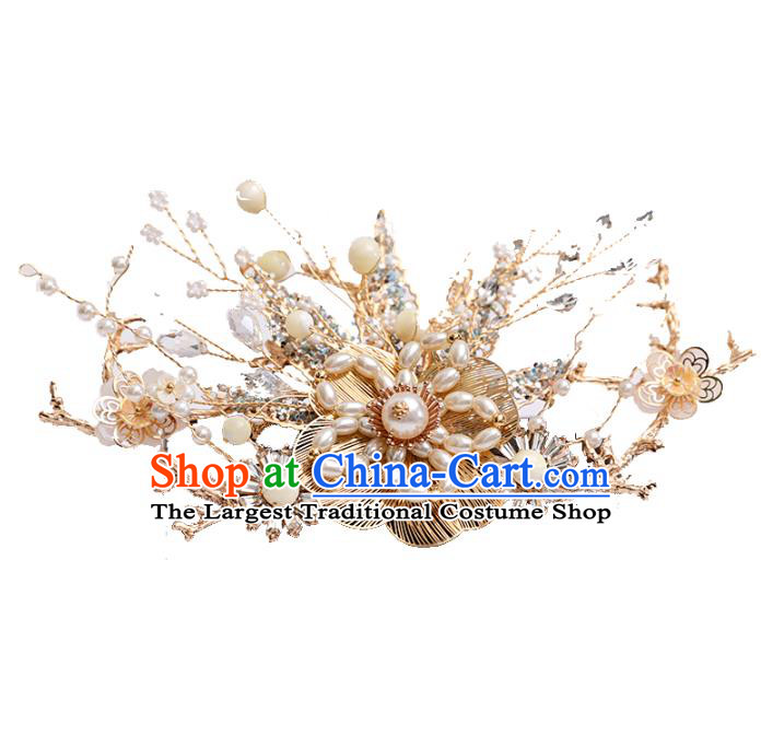 Chinese Classical Wedding Pearls Hair Crown Traditional Hanfu Hair Accessories Handmade Bride Tassel Golden Hairpins Complete Set