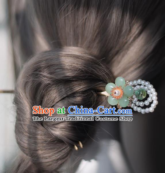 Handmade Chinese Pearls Hair Clip Traditional Classical Hanfu Hair Accessories Ancient Green Plum Hairpins for Women
