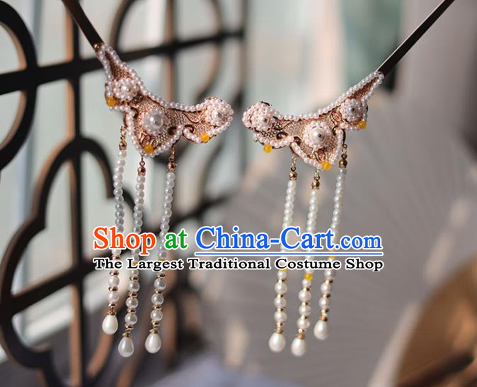 Handmade Chinese Song Dynasty Hair Clip Traditional Classical Hanfu Hair Accessories Ancient Empress Pearls Tassel Hairpins for Women