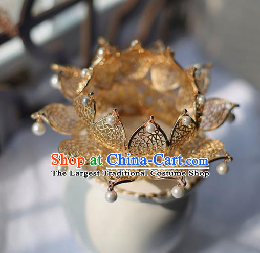 Handmade Chinese Classical Golden Lotus Hair Crown Traditional Hair Accessories Ancient Hanfu White Beads Hairpins for Women