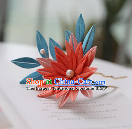 Handmade Chinese Classical Red Silk Flower Hair Clip Traditional Hair Accessories Ancient Hanfu Court Hairpins for Women