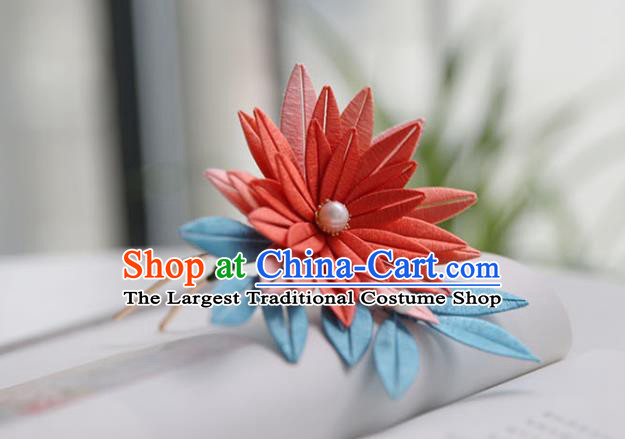 Handmade Chinese Classical Red Silk Flower Hair Clip Traditional Hair Accessories Ancient Hanfu Court Hairpins for Women