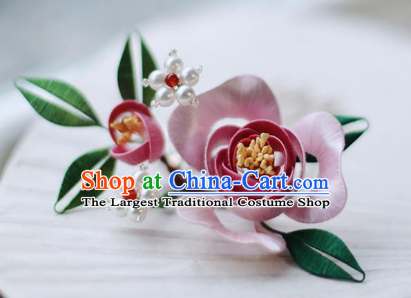 Handmade Chinese Classical Hair Comb Traditional Hair Accessories Ancient Hanfu Court Pink Silk Rose Hairpins for Women