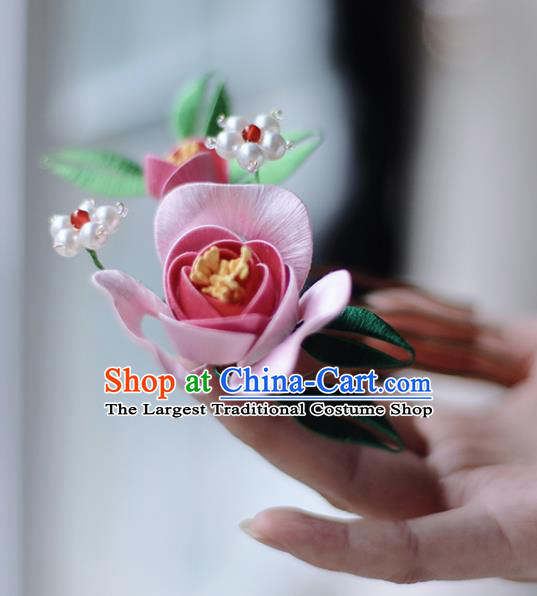 Handmade Chinese Classical Hair Comb Traditional Hair Accessories Ancient Hanfu Court Pink Silk Rose Hairpins for Women
