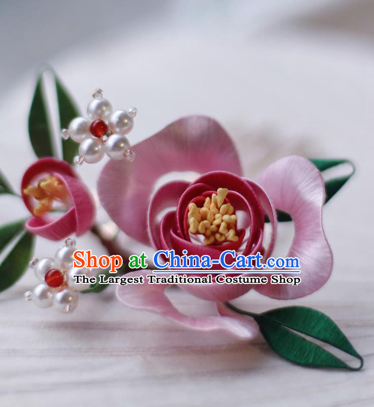 Handmade Chinese Classical Hair Comb Traditional Hair Accessories Ancient Hanfu Court Pink Silk Rose Hairpins for Women