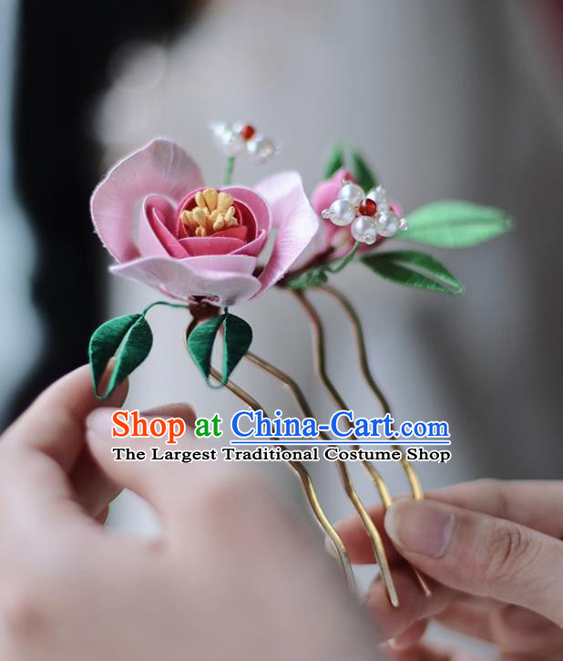 Handmade Chinese Classical Hair Comb Traditional Hair Accessories Ancient Hanfu Court Pink Silk Rose Hairpins for Women