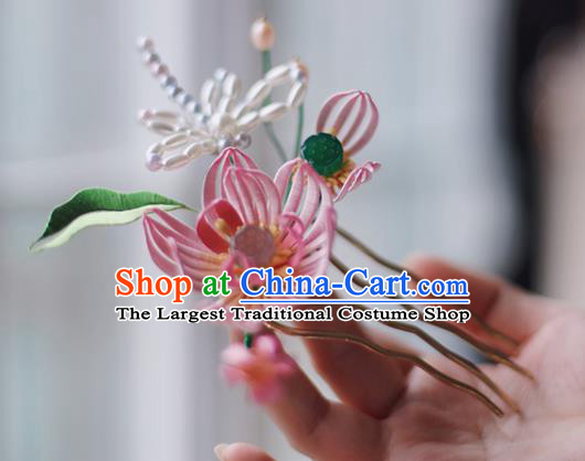 Handmade Chinese Classical Pearls Dragonfly Hair Comb Traditional Hair Accessories Ancient Hanfu Court Pink Silk Lotus Hairpins for Women