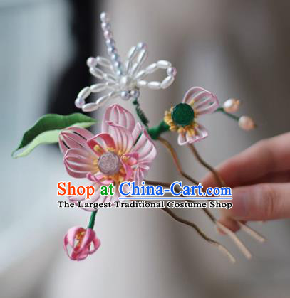 Handmade Chinese Classical Pearls Dragonfly Hair Comb Traditional Hair Accessories Ancient Hanfu Court Pink Silk Lotus Hairpins for Women