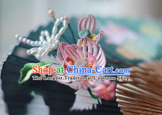 Handmade Chinese Classical Pearls Dragonfly Hair Comb Traditional Hair Accessories Ancient Hanfu Court Pink Silk Lotus Hairpins for Women