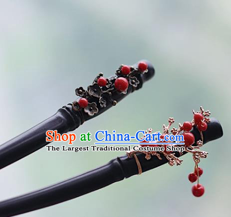 Handmade Chinese Classical Red Beads Hair Clip Traditional Hair Accessories Ancient Hanfu Carving Plum Ebony Hairpins for Women