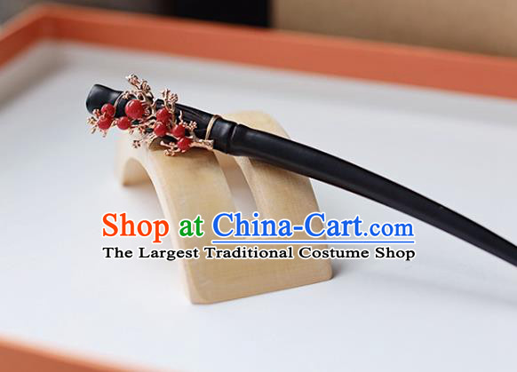 Handmade Chinese Classical Red Beads Hair Clip Traditional Hair Accessories Ancient Hanfu Carving Plum Ebony Hairpins for Women
