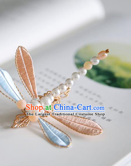 Handmade Chinese Classical Pearls Hairpins Traditional Hair Accessories Ancient Hanfu Pink Silk Dragonfly Hair Claw for Women
