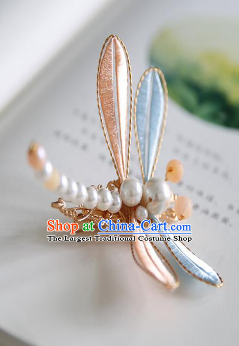 Handmade Chinese Classical Pearls Hairpins Traditional Hair Accessories Ancient Hanfu Pink Silk Dragonfly Hair Claw for Women