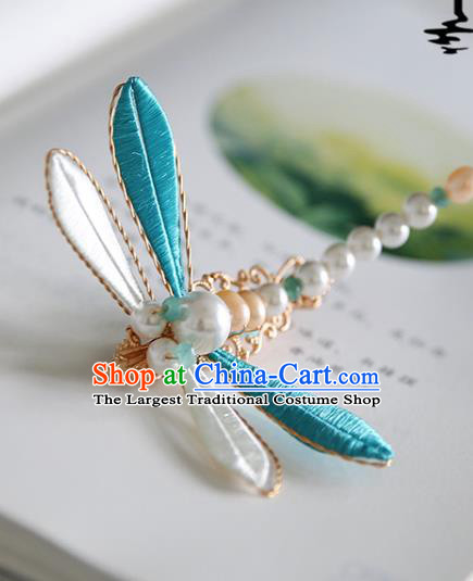 Handmade Chinese Classical Pearls Hairpins Traditional Hair Accessories Ancient Hanfu Blue Silk Dragonfly Hair Claw for Women