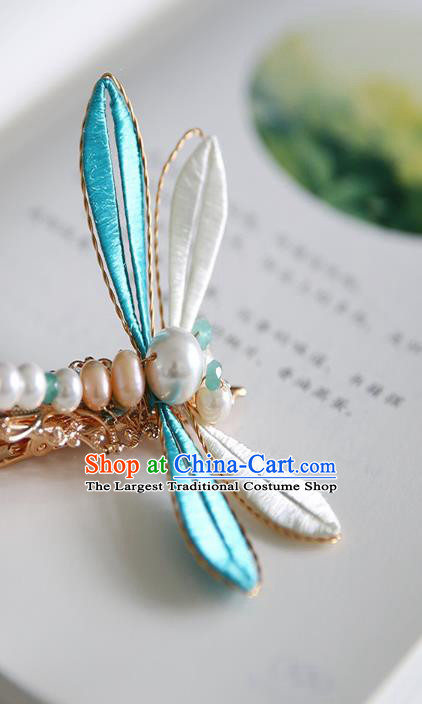 Handmade Chinese Classical Pearls Hairpins Traditional Hair Accessories Ancient Hanfu Blue Silk Dragonfly Hair Claw for Women
