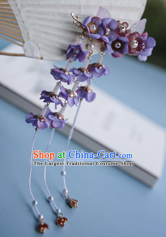 Handmade Chinese Classical Purple Silk Wisteria Hair Claw Traditional Hair Accessories Ancient Hanfu Hairpins Tassel Hair Stick for Women