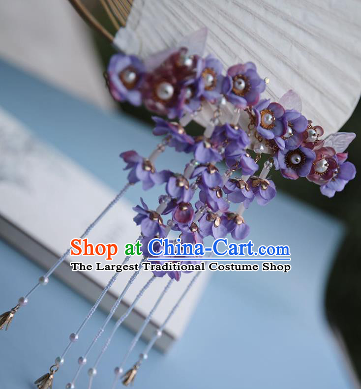 Handmade Chinese Classical Purple Silk Wisteria Hair Claw Traditional Hair Accessories Ancient Hanfu Hairpins Tassel Hair Stick for Women