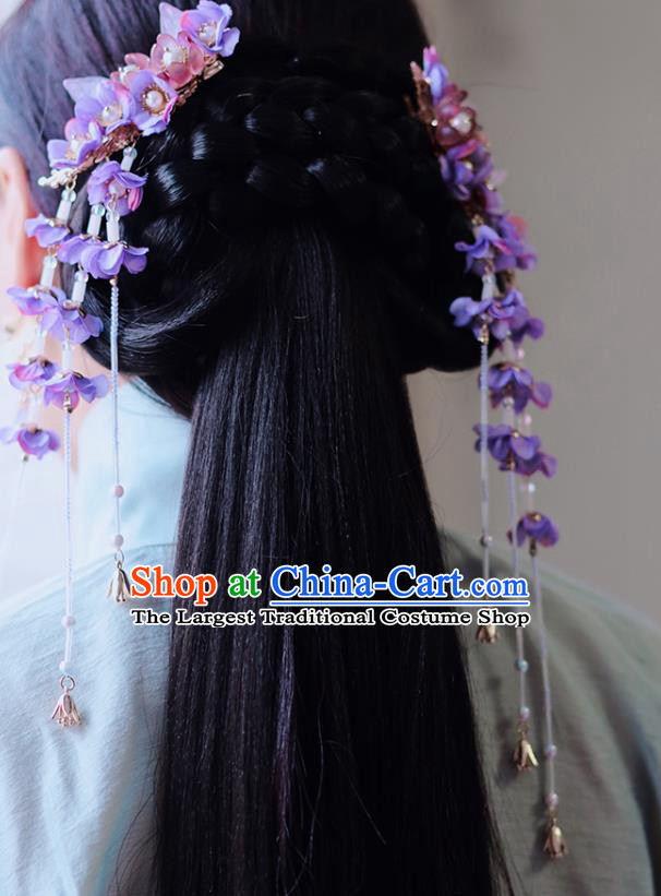 Handmade Chinese Classical Purple Silk Wisteria Hair Claw Traditional Hair Accessories Ancient Hanfu Hairpins Tassel Hair Stick for Women