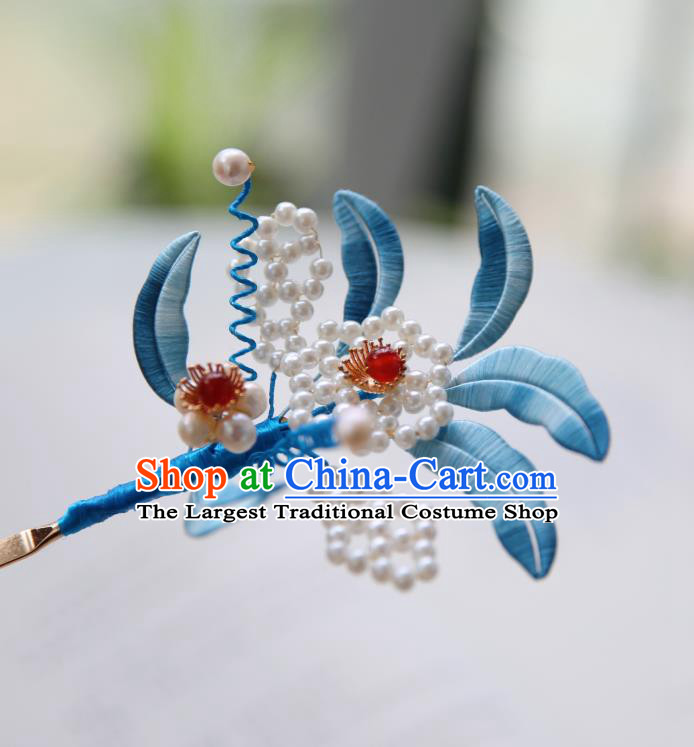 Handmade Chinese Classical Blue Silk Leaf Hairpins Traditional Hair Accessories Ancient Qing Dynasty Court Pearls Hair Clip for Women