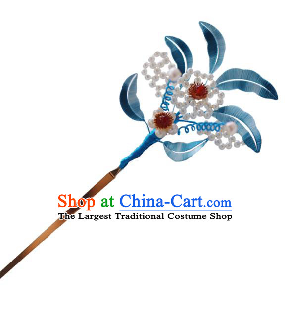 Handmade Chinese Classical Blue Silk Leaf Hairpins Traditional Hair Accessories Ancient Qing Dynasty Court Pearls Hair Clip for Women