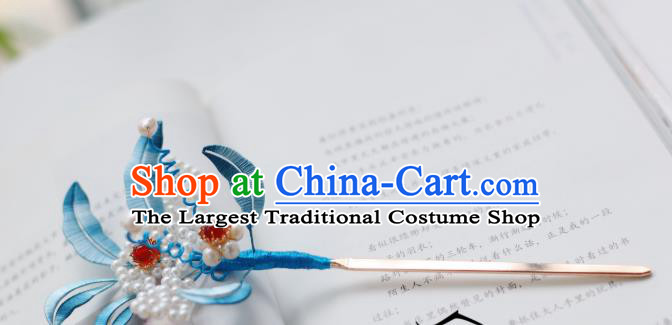 Handmade Chinese Classical Blue Silk Leaf Hairpins Traditional Hair Accessories Ancient Qing Dynasty Court Pearls Hair Clip for Women