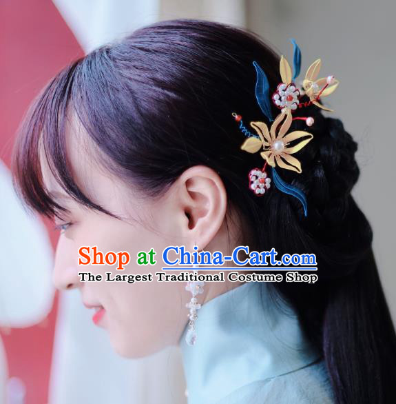 Handmade Chinese Classical Yellow Silk Flowers Hairpins Traditional Hair Accessories Ancient Qing Dynasty Court Hair Comb for Women