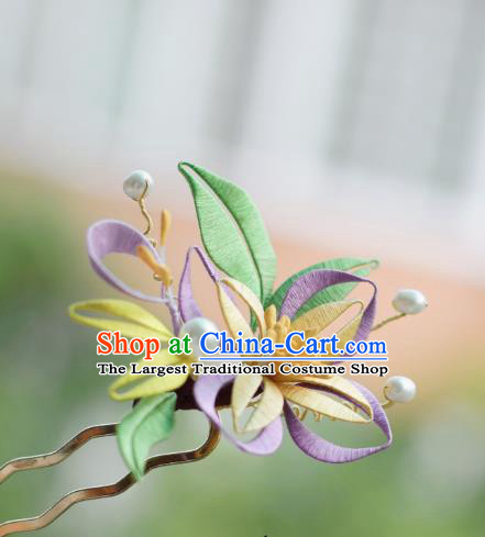 Handmade Chinese Classical Purple Silk Flowers Hairpins Traditional Hair Accessories Ancient Qing Dynasty Court Hair Clip for Women
