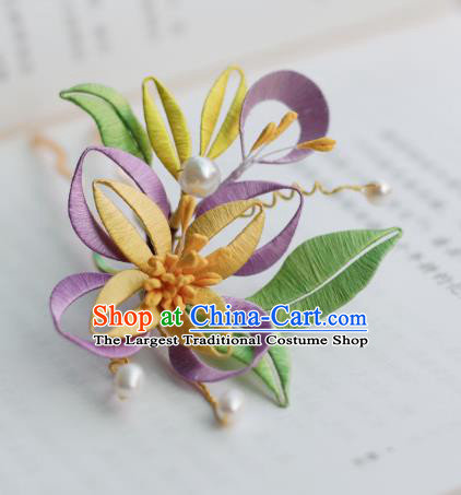 Handmade Chinese Classical Purple Silk Flowers Hairpins Traditional Hair Accessories Ancient Qing Dynasty Court Hair Clip for Women