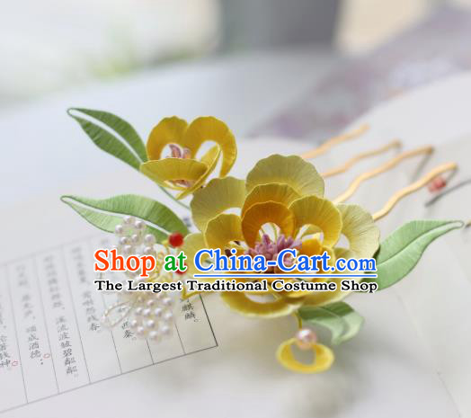 Handmade Chinese Classical Yellow Silk Flowers Hairpins Traditional Hair Accessories Ancient Qing Dynasty Court Peony Hair Comb for Women