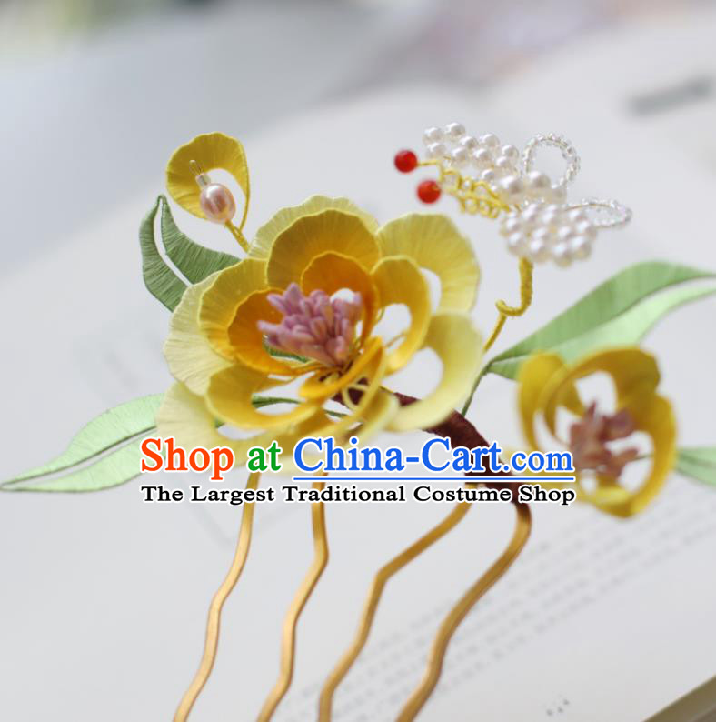 Handmade Chinese Classical Yellow Silk Flowers Hairpins Traditional Hair Accessories Ancient Qing Dynasty Court Peony Hair Comb for Women
